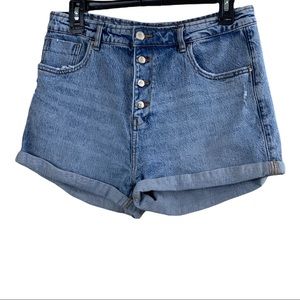 Zara High Rise Button Fly Distressed Denim Shorts